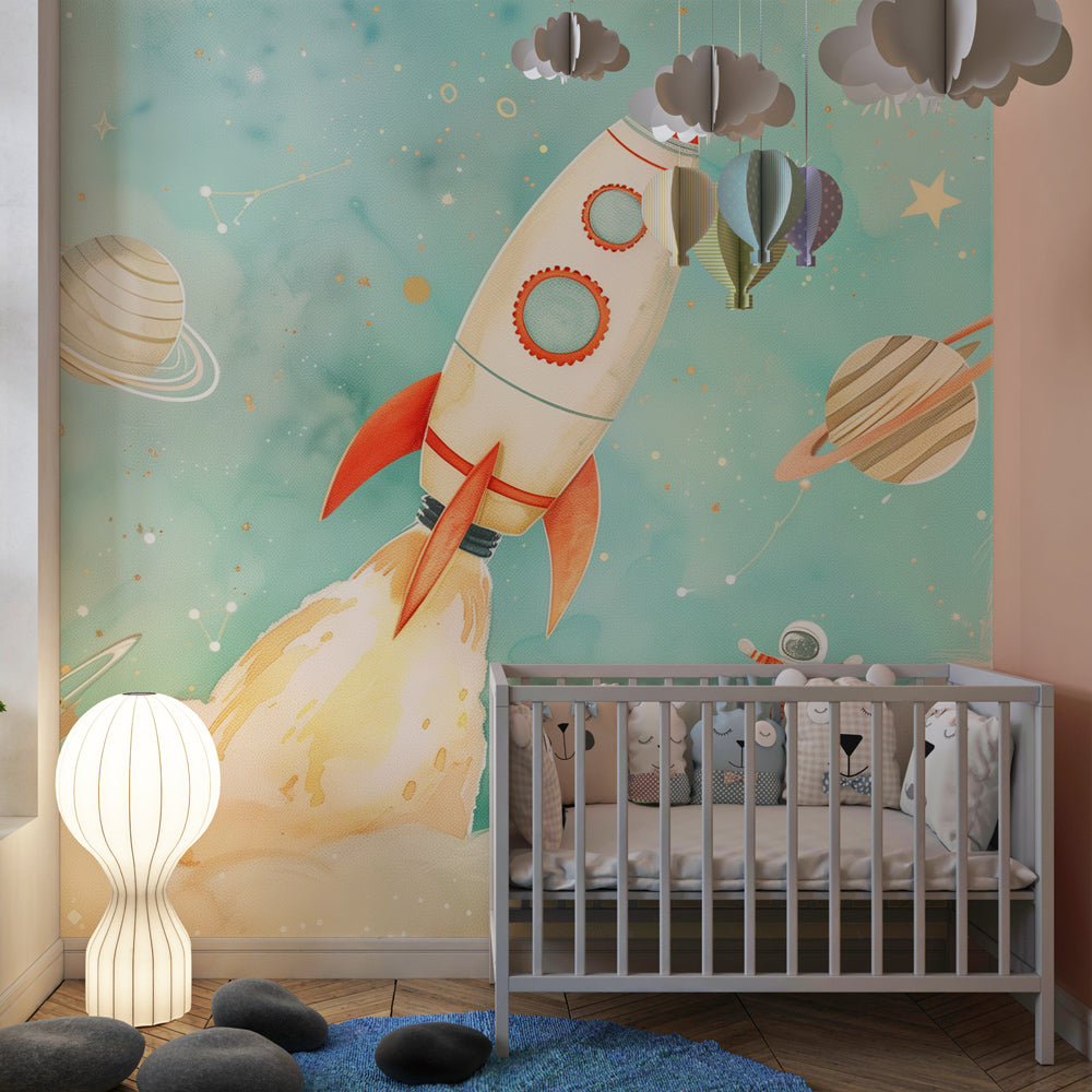 Kids-Mundo space wall mural with rocket launch styled in an adventure playroom