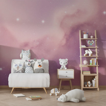 Kids-Mundo pastel starry sky wall mural shown as a calm backdrop in a playroom