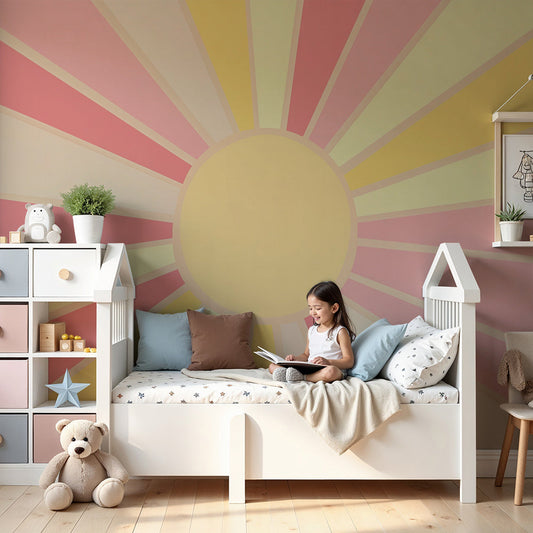 Kids-Mundo pastel sunburst wall mural styled in a bright nursery behind a white cot and soft rug.