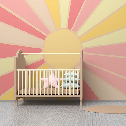 Kids-Mundo pastel sunburst wall mural adding cheerful colour to a bright children's playroom.