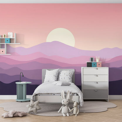 Kids-Mundo gradient sunset mountain mural styled on a calm kids bedroom wall