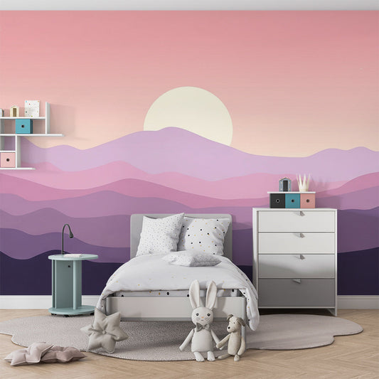 Kids-Mundo gradient sunset mountain mural styled on a calm kids bedroom wall