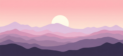 Kids-Mundo flat artwork of layered pastel mountains glowing softly at sunset