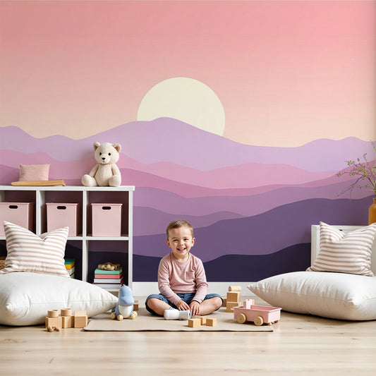 Kids-Mundo pastel sunset mountain wall mural styled in a soft blush nursery