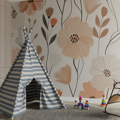 Kids-Mundo blush and terracotta floral wall mural behind a bed in a girls bedroom