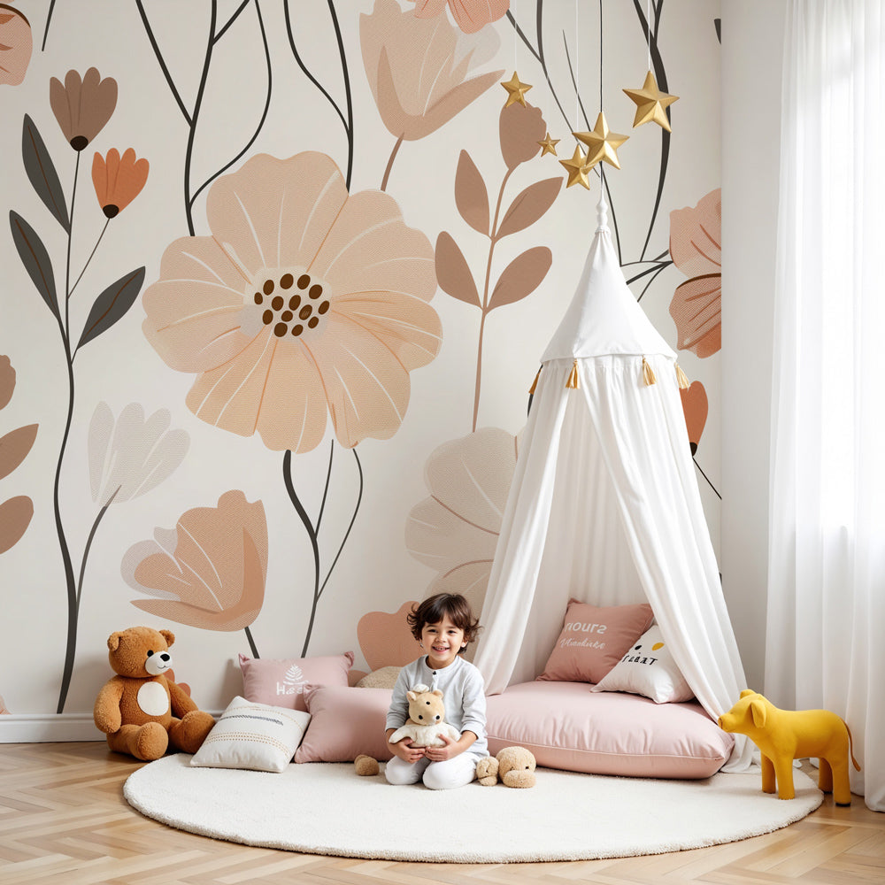 Kids-Mundo pastel terracotta floral wall mural styled behind a cot in a soft neutral nursery