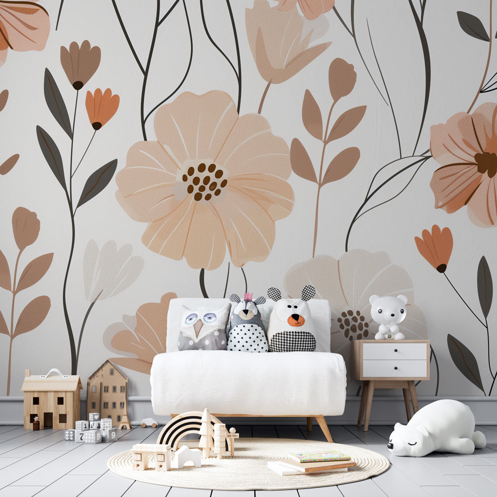 Kids-Mundo hand-drawn floral wall mural adding gentle colour to a bright playroom corner