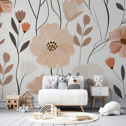 Kids-Mundo hand-drawn floral wall mural adding gentle colour to a bright playroom corner