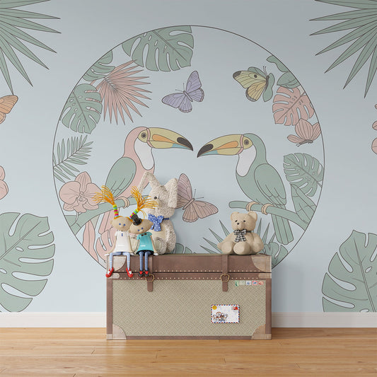 Kids-Mundo soft pastel toucan wallpaper mural with orchids in a kids bedroom