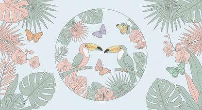 Kids-Mundo flat artwork of pastel toucans, orchids and leaves wall mural design