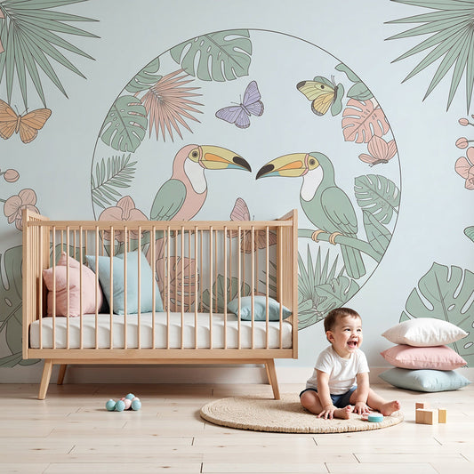 Kids-Mundo pastel toucan and orchid wall mural in a soft powder blue nursery