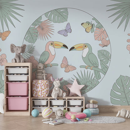 Kids-Mundo gentle pastel jungle wall mural with toucans in a calm children's playroom