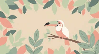 Kids-Mundo flat illustration of a toucan artwork on beige background with pastel sage and coral leaves.