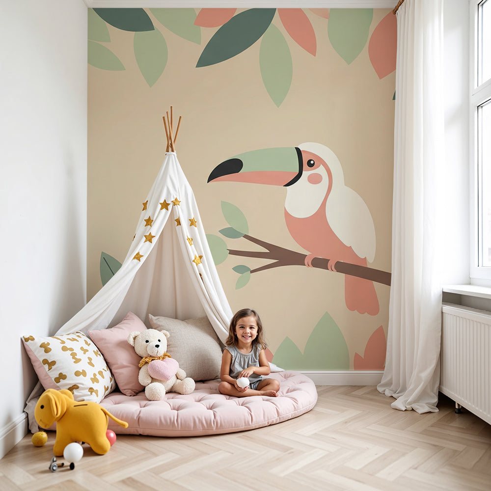 Kids-Mundo pastel toucan wall mural styled in a nursery, soft coral and sage leaves framing a calm perch.
