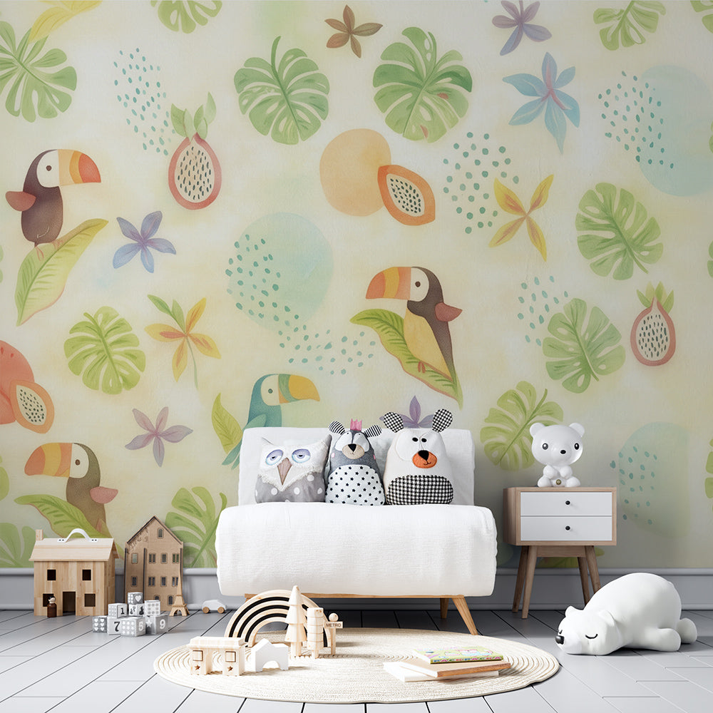 Kids-Mundo pastel toucan and tropical fruit wall mural in a soft pastel kids bedroom