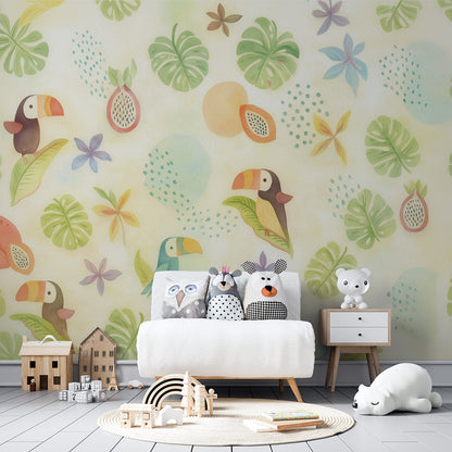 Kids-Mundo pastel toucan and tropical fruit wall mural in a soft pastel kids bedroom