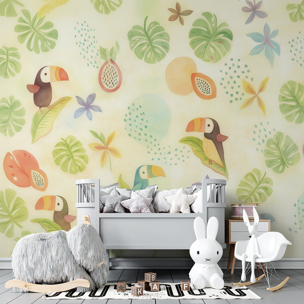 Kids-Mundo pastel toucan wall mural brightening a gentle children's playroom wall