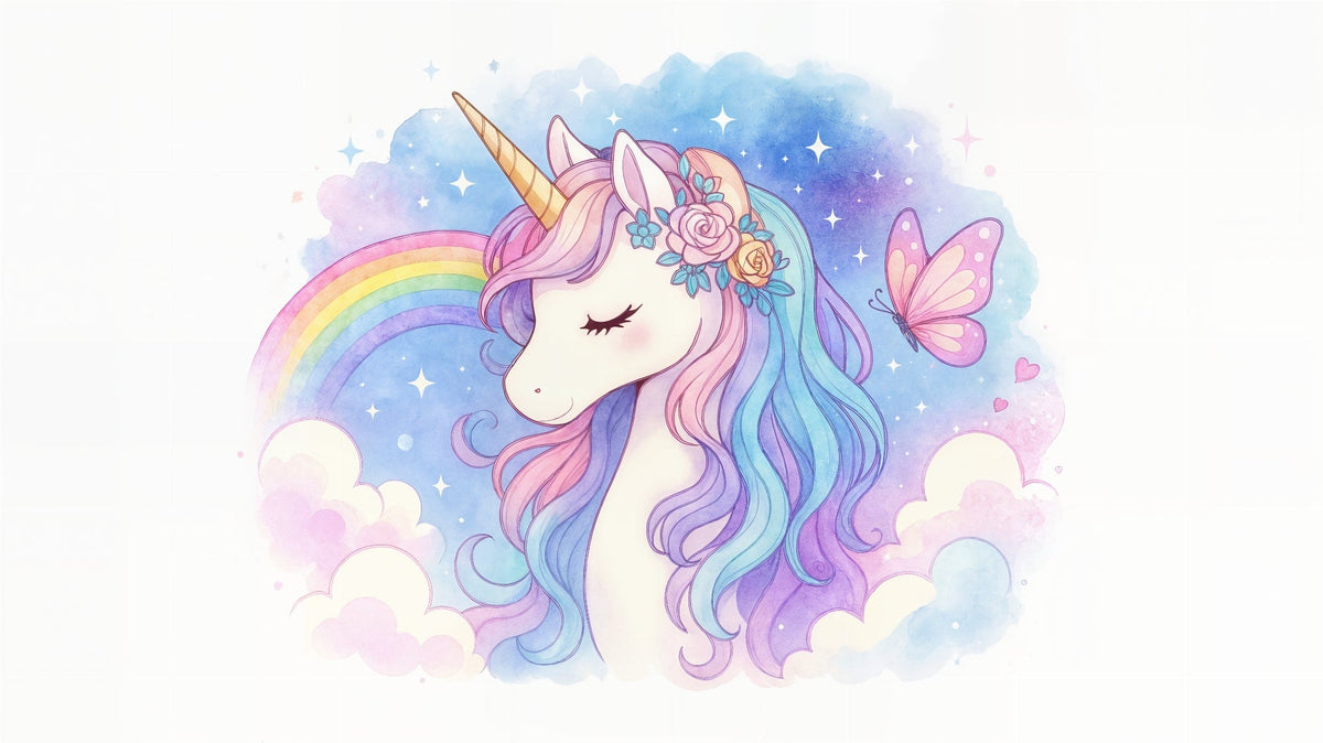 Pastel Unicorn Portrait with Flower Crown Wall Mural