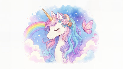 Kids-Mundo flat artwork preview of the rainbow unicorn portrait wall mural design
