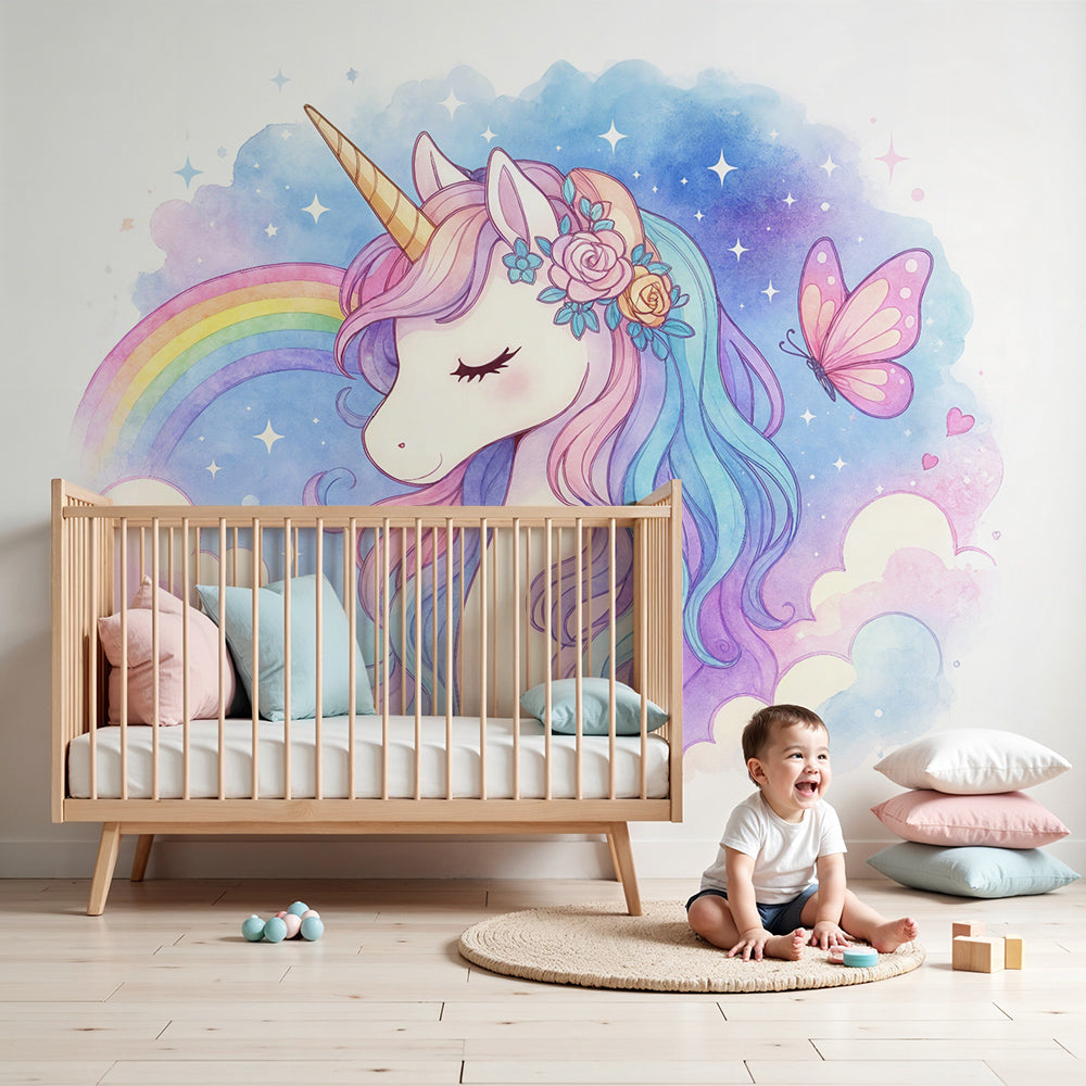 Kids-Mundo rainbow unicorn portrait wall mural made to measure for a soft pastel nursery