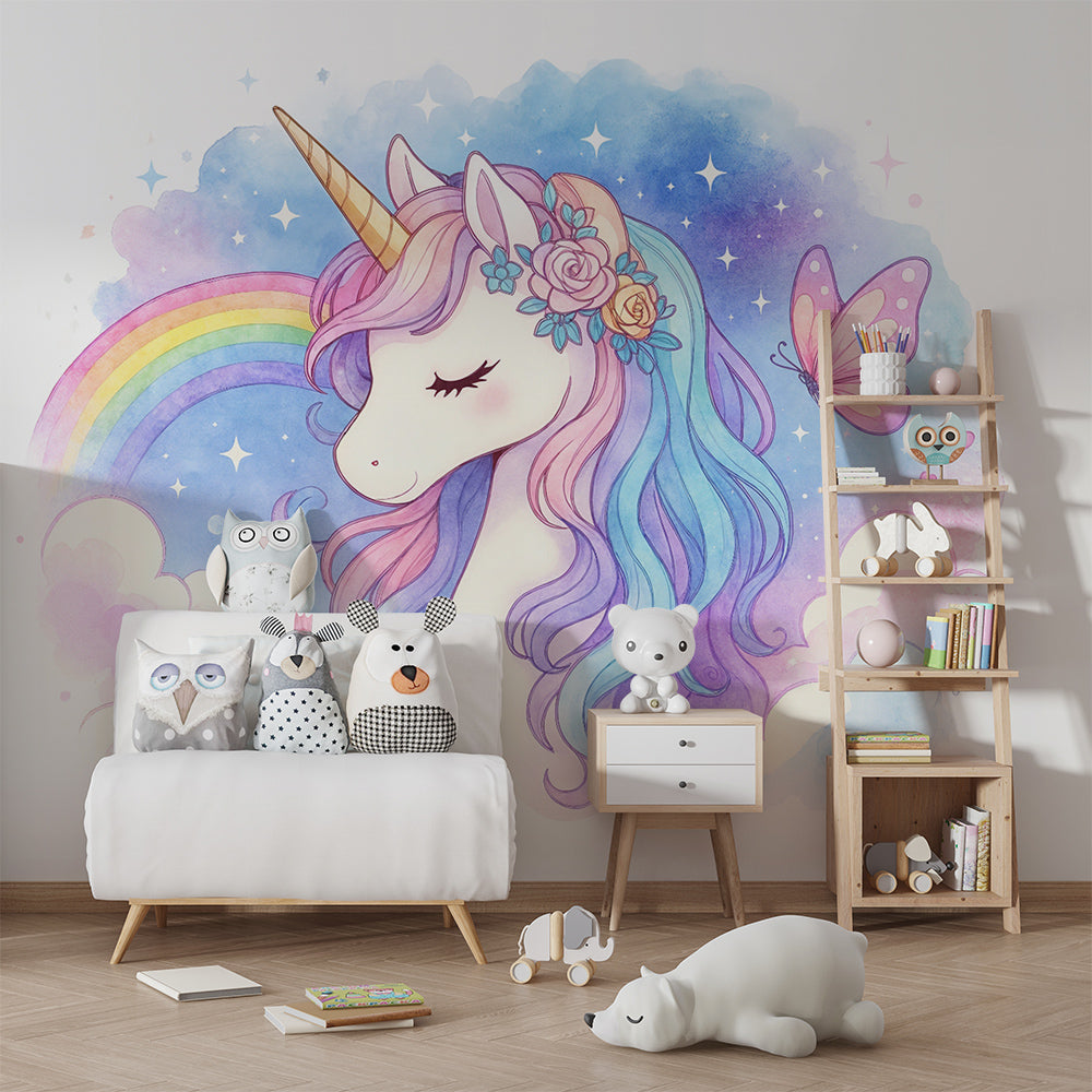 Kids-Mundo pastel unicorn portrait mural brightening a playful children's playroom wall