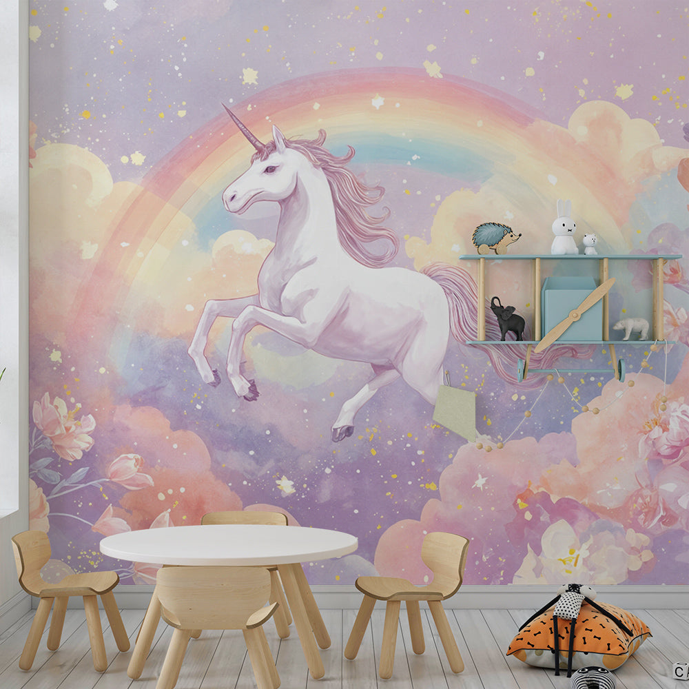 Kids-Mundo unicorn and rainbow wall mural styling a magical child's bedroom.