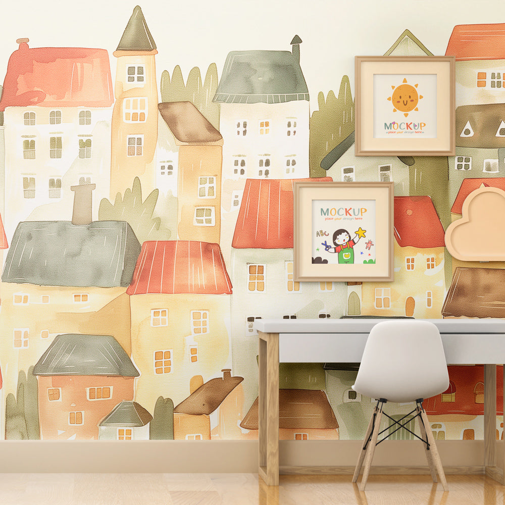 Kids-Mundo village rooftops wall mural covering a feature wall in a cosy kids bedroom