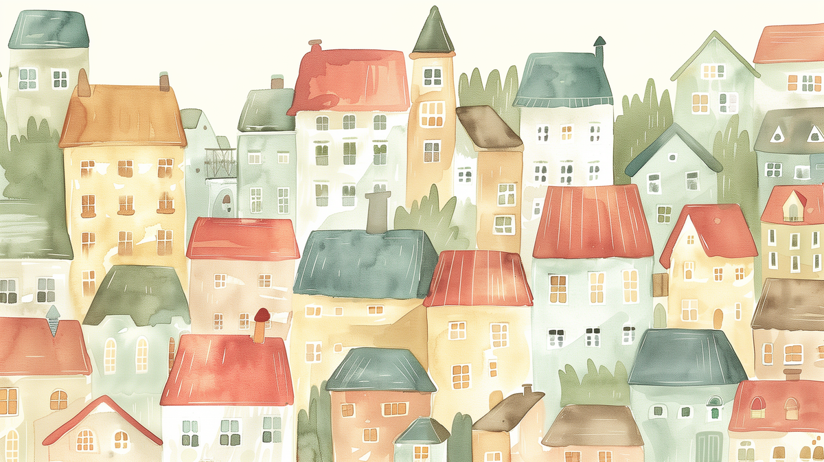 Pastel Village Rooftops Wall Mural