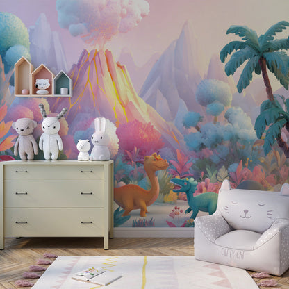 Kids-Mundo pastel dinosaur volcano wall mural behind a bed in a gentle kids bedroom
