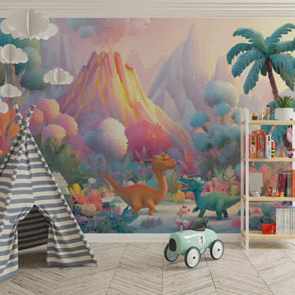 Kids-Mundo pastel dinosaur wall mural as a cheerful backdrop in a children's playroom