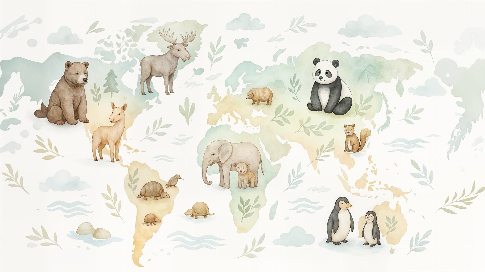 Flat artwork of the Kids-Mundo watercolour animal world map design with bear, elephant, panda and penguin details