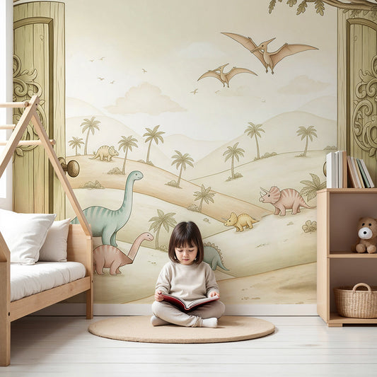 Kids-Mundo pastel watercolour dinosaur mural styled in a soft, gentle nursery