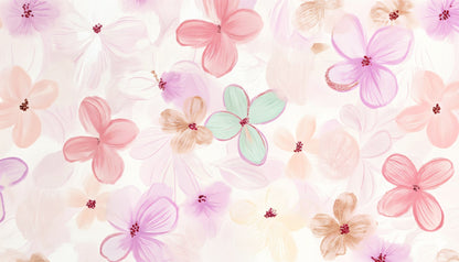 Kids-Mundo flat artwork of soft watercolour flowers in blush pink, lilac and mint tones.