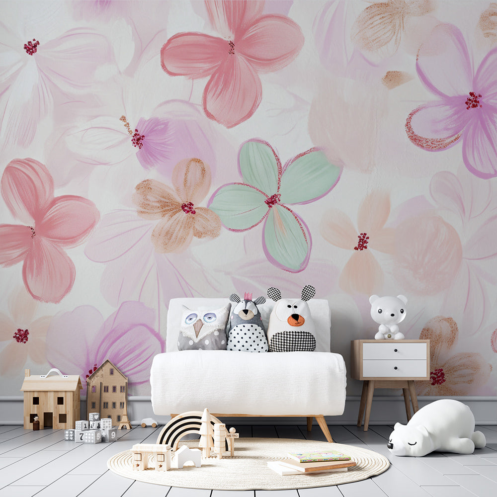 Kids-Mundo blush and lilac floral wall mural brightening a bright, playful playroom.