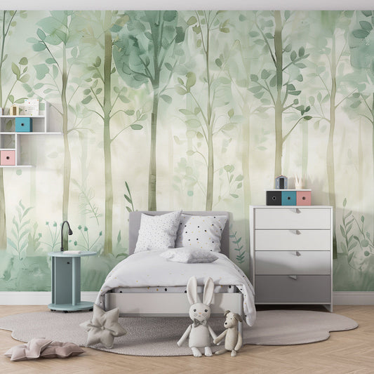 Soft watercolour forest wall mural styled on a kids bedroom wall by Kids-Mundo