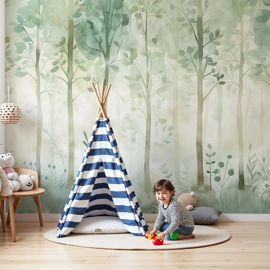 Pastel green watercolour forest wall mural made to measure for a nursery, Kids-Mundo