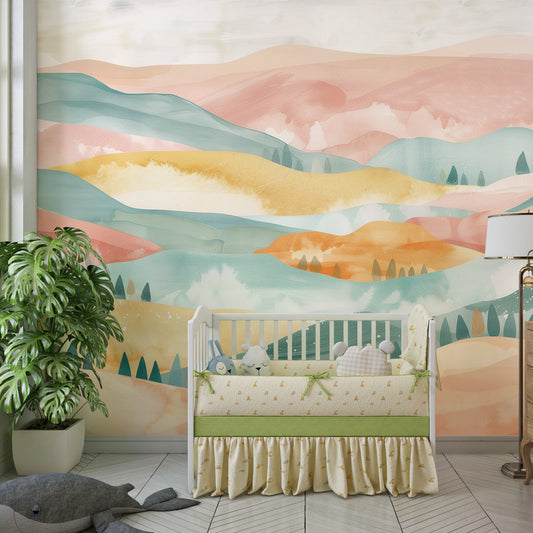 Kids-Mundo layered pastel hills wall mural shown on a child's cosy bedroom wall