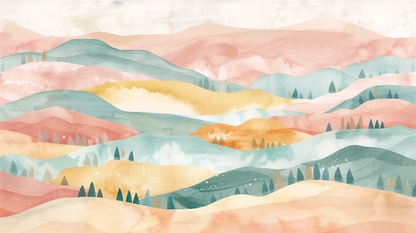 Kids-Mundo flat artwork preview of the pastel watercolour hills mural design
