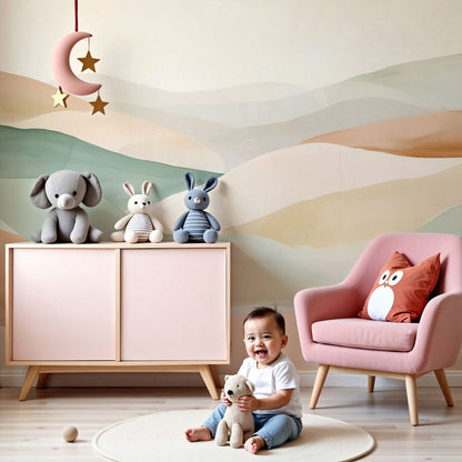 Kids-Mundo pastel watercolour hills wall mural styled behind a cot in a warm, modern nursery