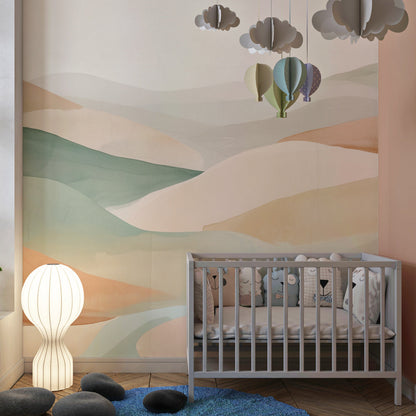 Kids-Mundo pastel watercolour hills mural brightening a calm, creative playroom wall