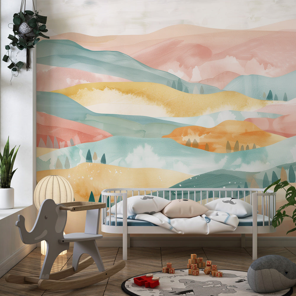 Kids-Mundo abstract watercolour hills mural displayed in a bright kids' playroom