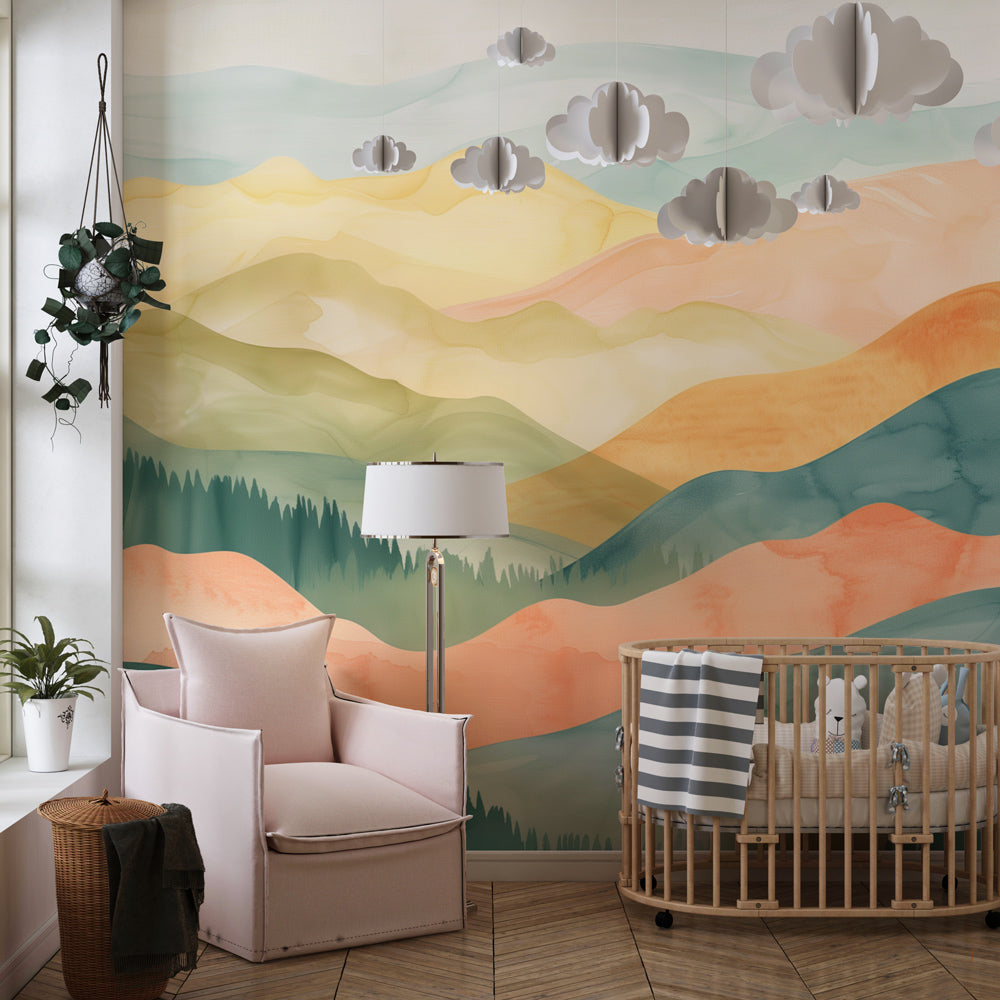 Kids-Mundo watercolour mountain wall mural in a calm pastel kids' bedroom
