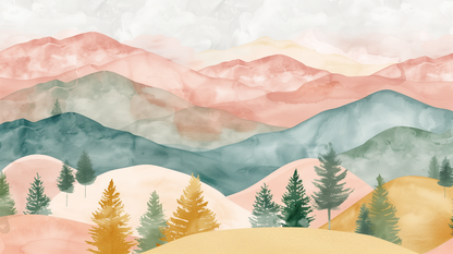 Kids-Mundo flat artwork of watercolour mountains in blush, teal and gold with gold pine trees.