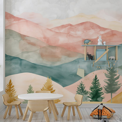 Kids-Mundo pastel mountain wall mural adding colour to a bright, playful playroom wall.