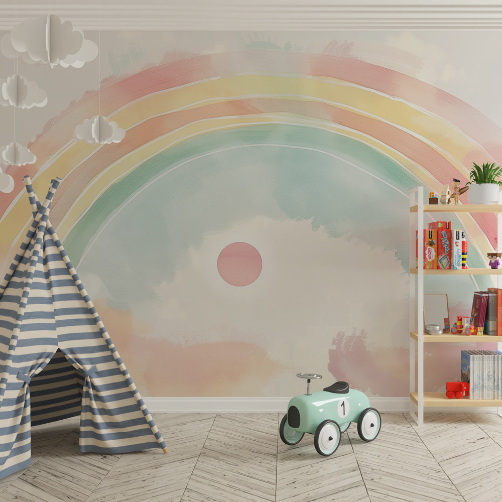 Kids-Mundo watercolour rainbow wall mural styled in a bright, calm kids' bedroom.