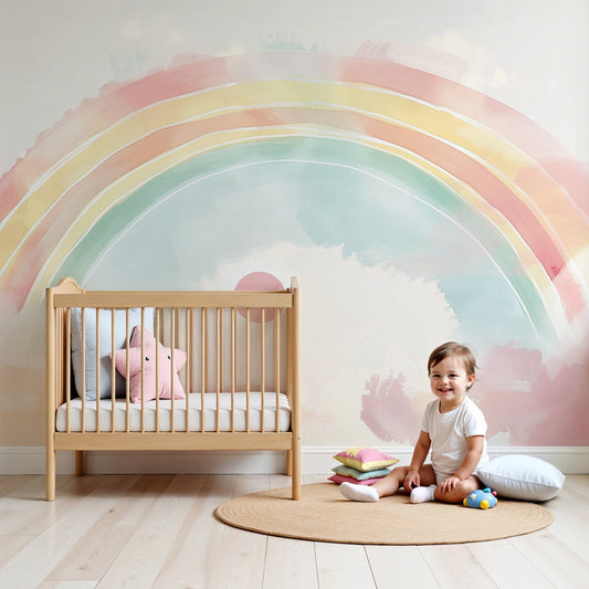 Kids-Mundo pastel rainbow wall mural above a cot in a soft neutral nursery.