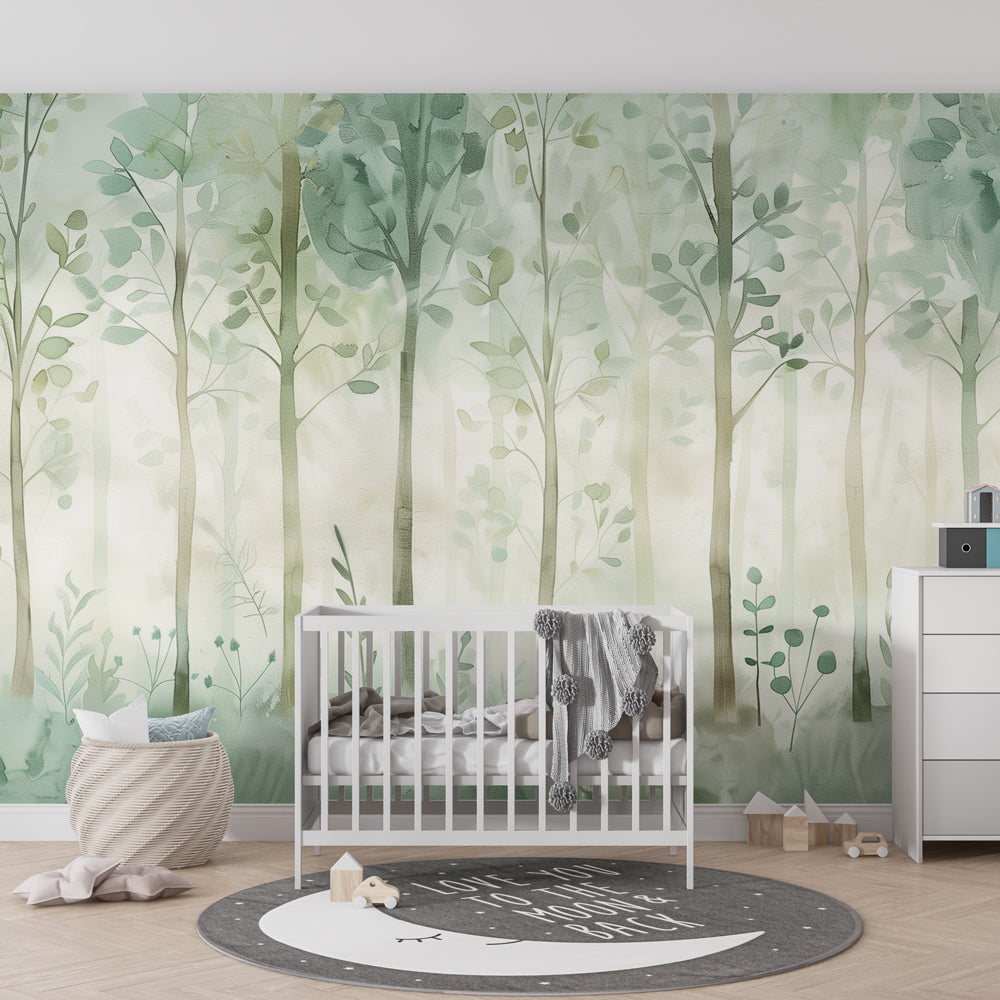 Kids-Mundo watercolour forest wall mural as a calming backdrop in a bright children's playroom.