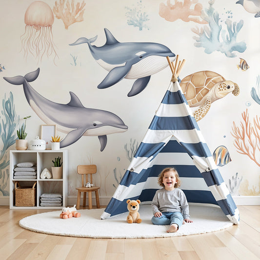 Kids-Mundo pastel whales and sea turtle wall mural styled in a warm, dreamy nursery