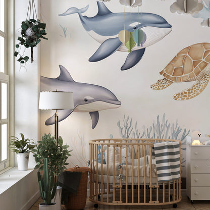 Kids-Mundo ocean wall mural with whales and a turtle covering a playroom wall