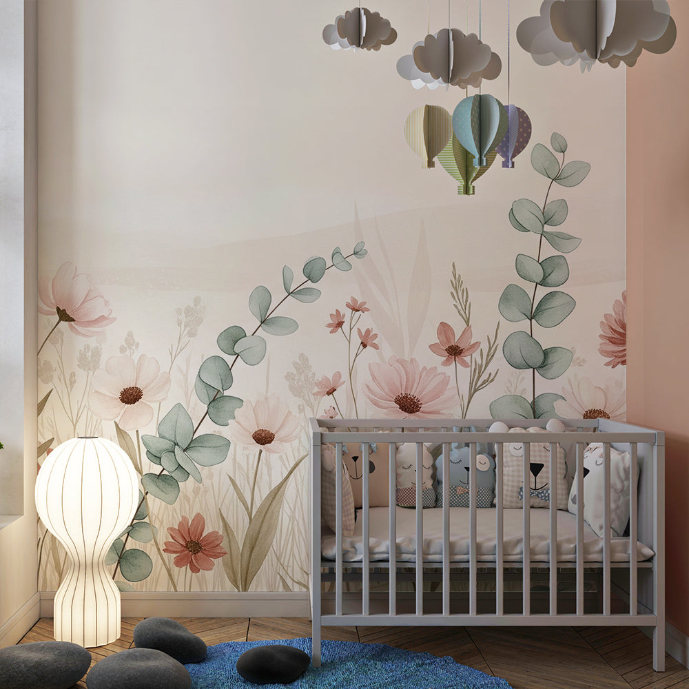 Kids-Mundo wildflower meadow wall mural on a kids bedroom wall, bringing a calm botanical backdrop.